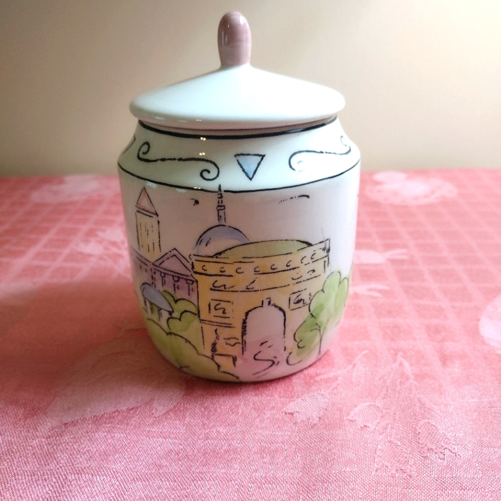Studio Nova 04' Paris Pastel Hand Painted White Vanity, Trinket, Sugar Jar w/Lid